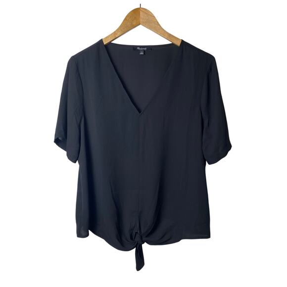 Madewell Black Chiffon Semi-Sheer Short Sleeve Front Knot Blouse Size Large - Picture 2 of 7